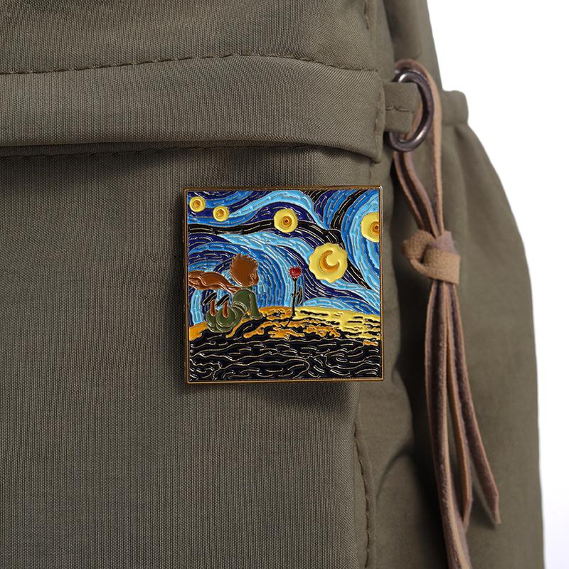 Art Oil Painting Enamel Pins Custom Night Starry Sky Brooches Lapel Badges Punk Gothic Animal Jewelry Gift for Kids Friends