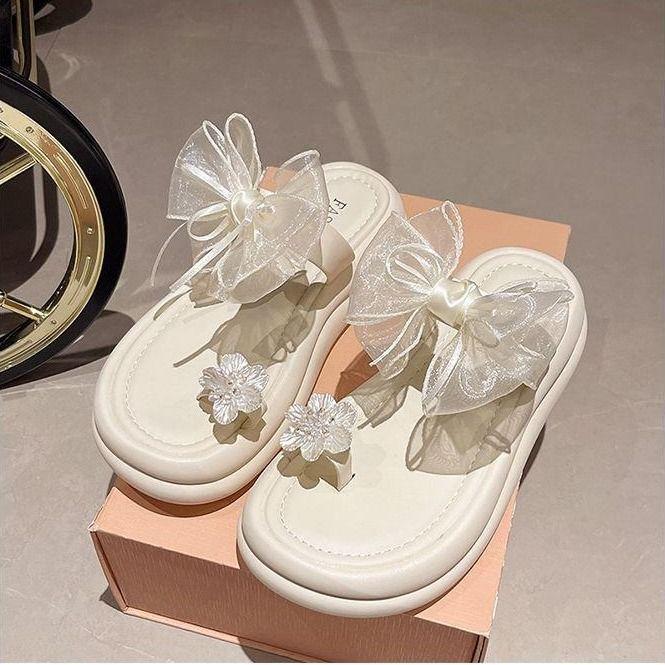 Woman Slippers Open Toe Shoes for Women on Beach Slides With Bow Green Sandals Flat Korea Style Designer Luxury Clappers New Vip
