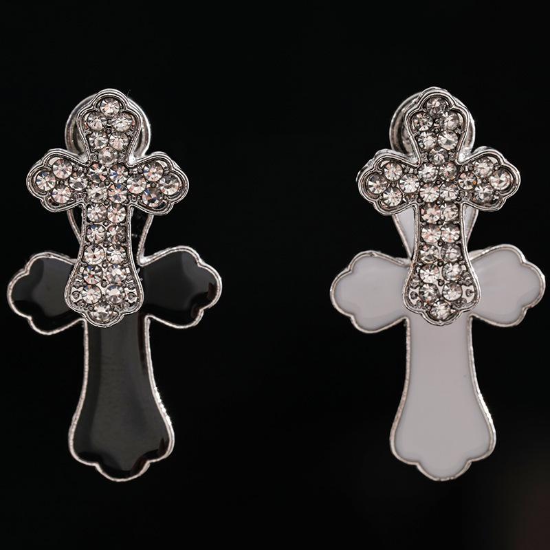 Personalized Black And White Diamond Cross Earrings, High-End Light Luxury Niche Earrings 925 Silver Needle Earrings