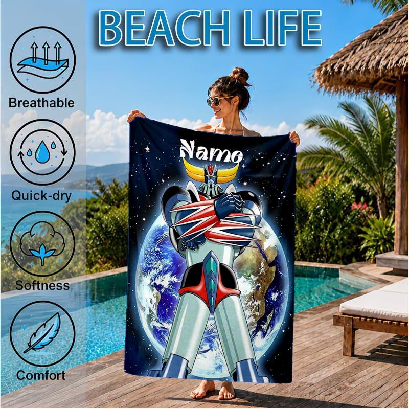 Custom Name Beach Towel Robot Dreams Space Microfiber Beach Towel, Lightweight for Summer Travel, Swimming Pool Fan Birthday Gift