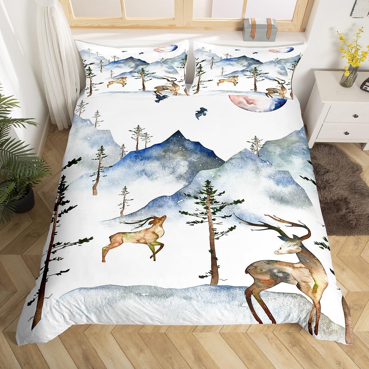 

White Crane Down Duvet Cover Queen King Size Wild Bird Animal Bedding Set Ink Painting Quilt Cover Trees Branches Plants 3 Pcs EU Double(200*200cm)3pcs
