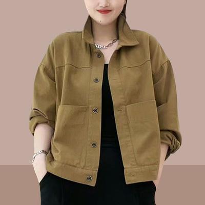 Women's Spring and Autumn Plus Size Short Section Lapel Casual Solid Colour Loose Thin Versatile Wear Thin Button Jacket