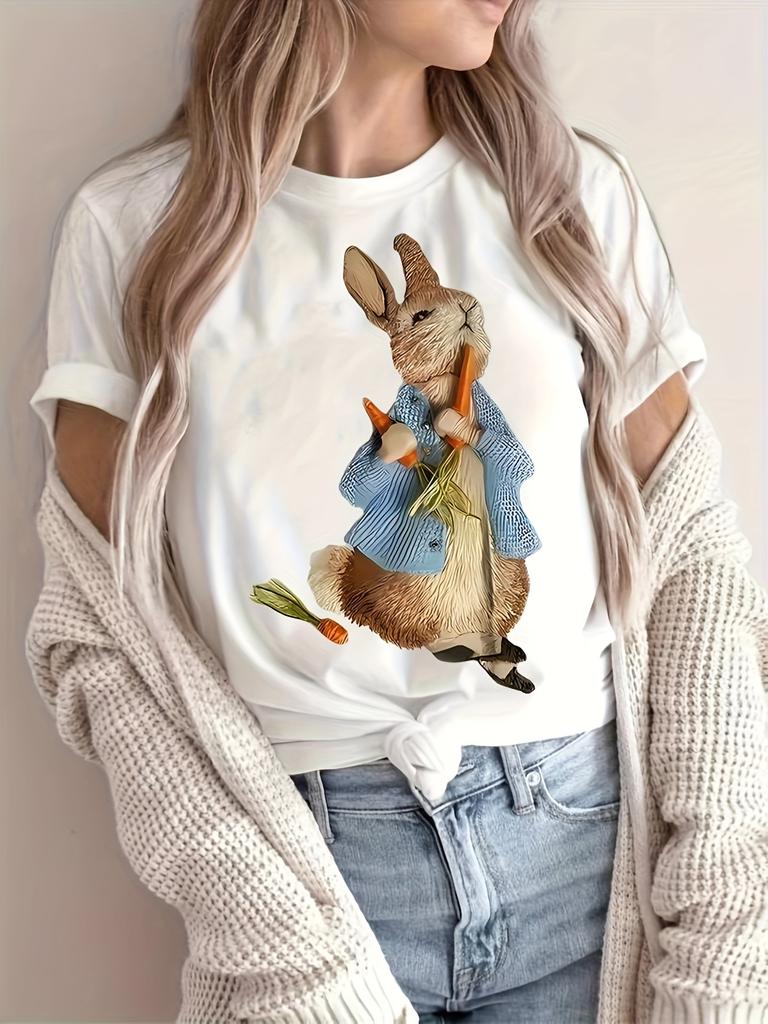 Peter Rabbit Women's Tee - Bunny & Carrot Graphic, Casual White Top