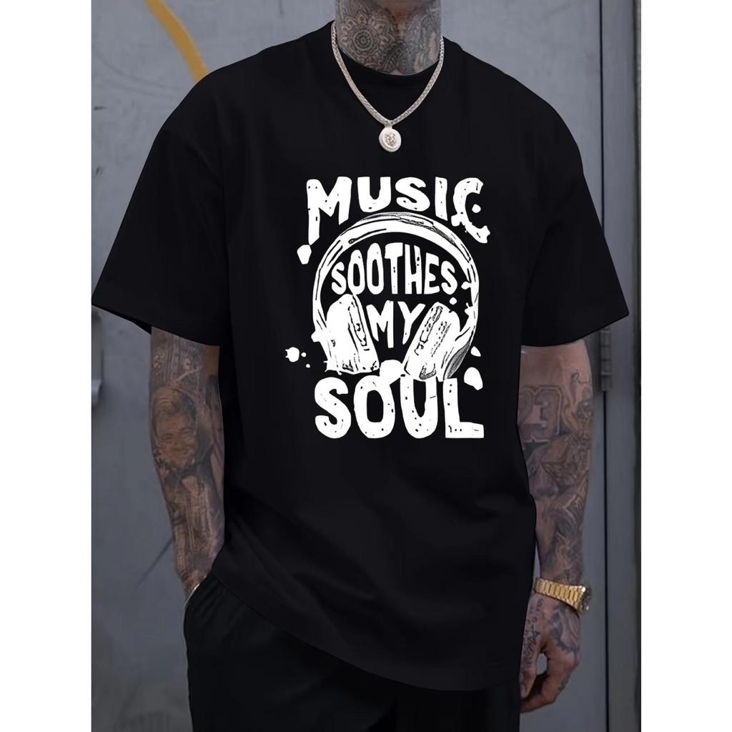 Men's Summer PureCotton Soft Casual Loose Music Soothing Soul Pattern Printed Sports Round Neck Short Sleeved T-shirt Large Size