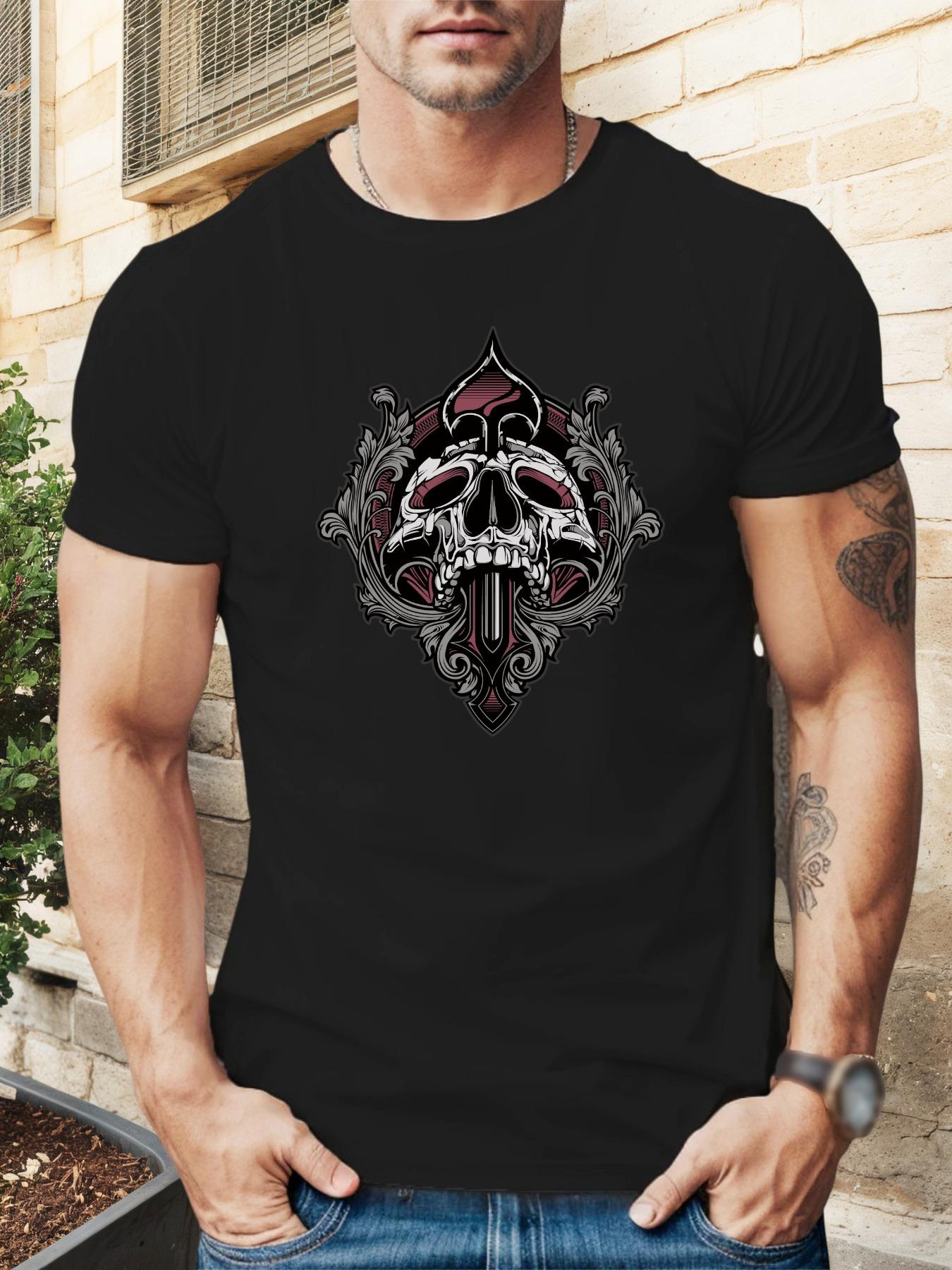 

Skull & Arrows Graphic Print T-shirt - Summer Casual Short Sleeve Round Neck Tee L