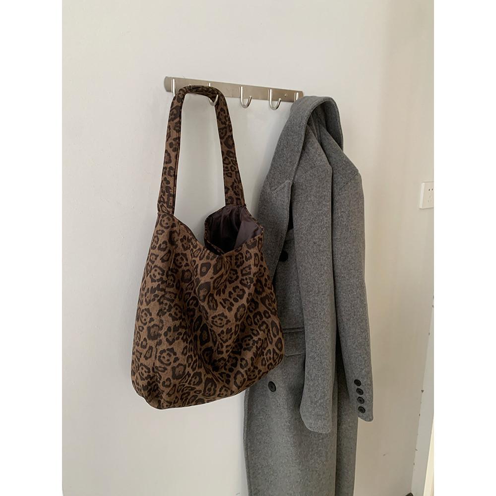 IELGY Ladies Tote Bag Autumn Winter Suede Leopard Print Retro Casual Commuter One Shoulder