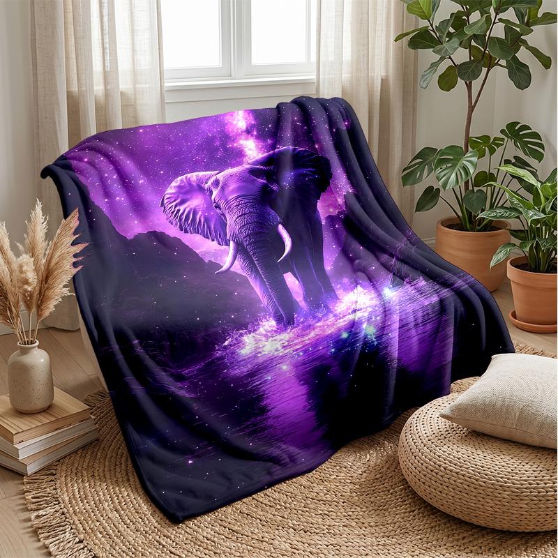 Purple Elephant In Galaxy River Theme Blanket Lightweight Warm Flannel Blanket Decorative Throw Blanket for Home Decoration