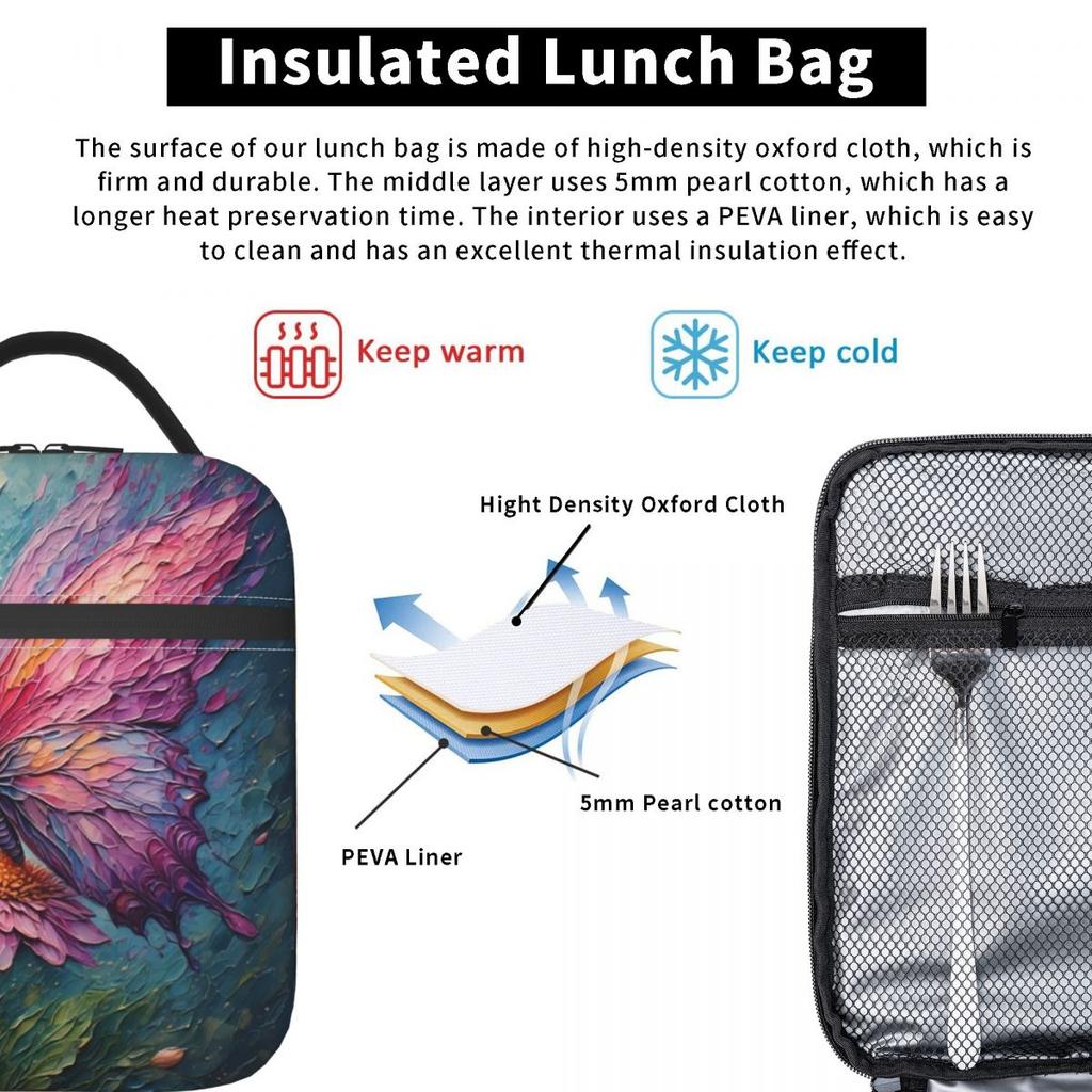 Butterfly Stands On Flowers Oil Insulated Lunch Bag for Kids School Cooler Thermal Food Box Tote Leakproof Lunch Boxes Container