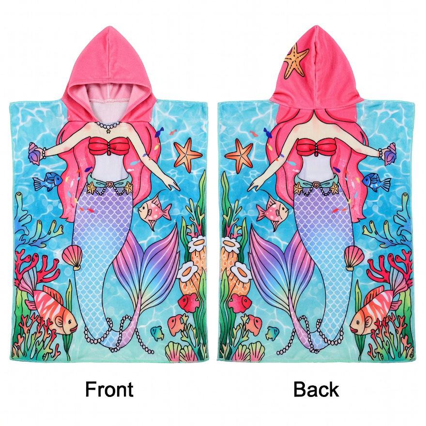Kids Hooded Beach Towel Flat Print Mermaid Dinosaur Microfiber Poncho Boys Girls Swim Pool Bath Cape Changing Robe