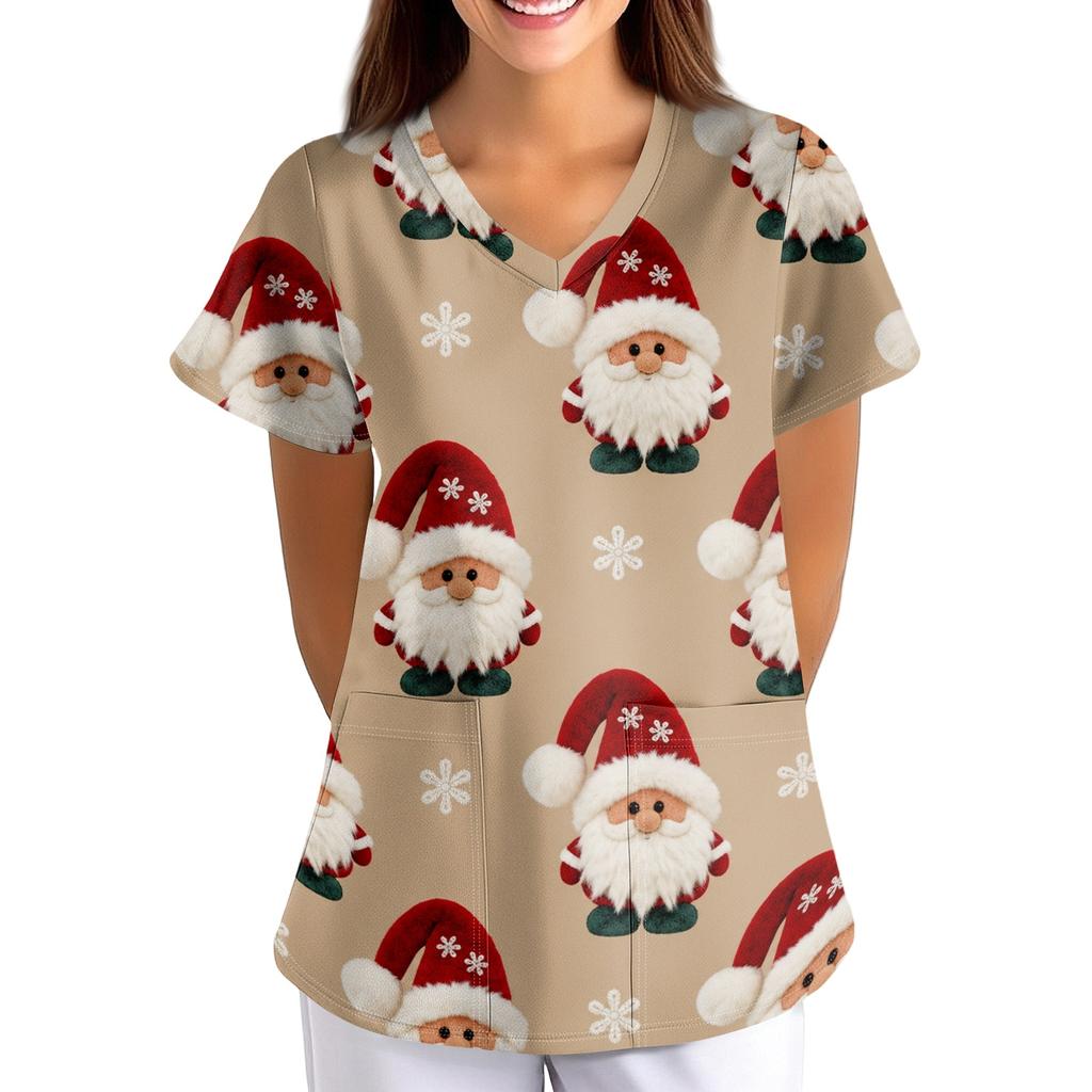 Women's Christmas Print Loose Fit V-Neck Short Sleeve Scrub Top with Pockets for Work