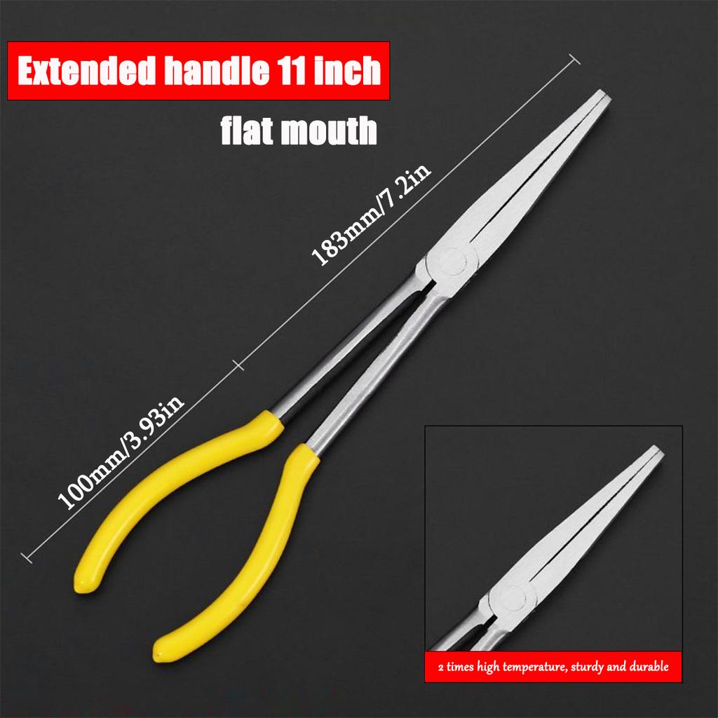 Long Nose Plier 11” Reach, Straight, Angle, Curved Pliers, 45 & 90 & 25 Degree, Bent Head Needle Nose Pliers for Mechanics