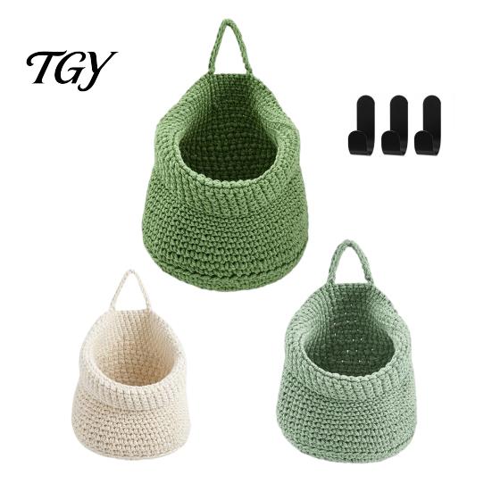 Wall Mounted Storage for Nursery 3PCS Woven Hanging Bag, Natural Cotton Rope Fruit Baskets, Organizer Hair Accessories Boho