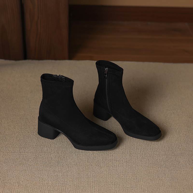 Krazing Pot Flock Round Toe Thick High Heels Chelsea Boots Zip Women Concise Style Ankle Boots