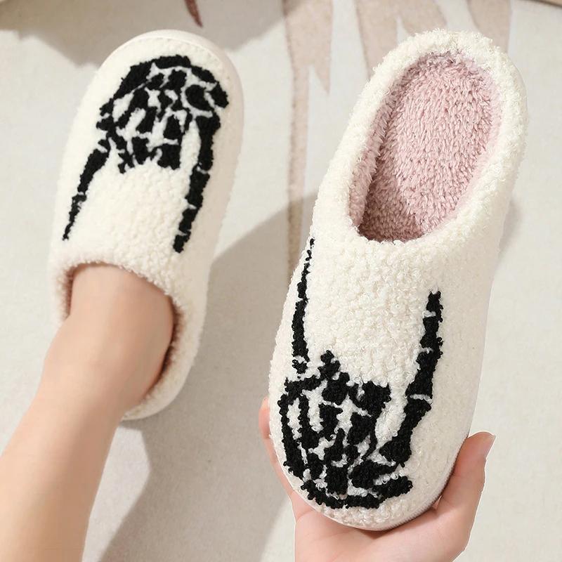 Fashion Fashion Print Winter Cotton Slippers Women New Soft Sole Warm Fluffy Sandals Woman Home Closed Toe Plush Couple Slides Female