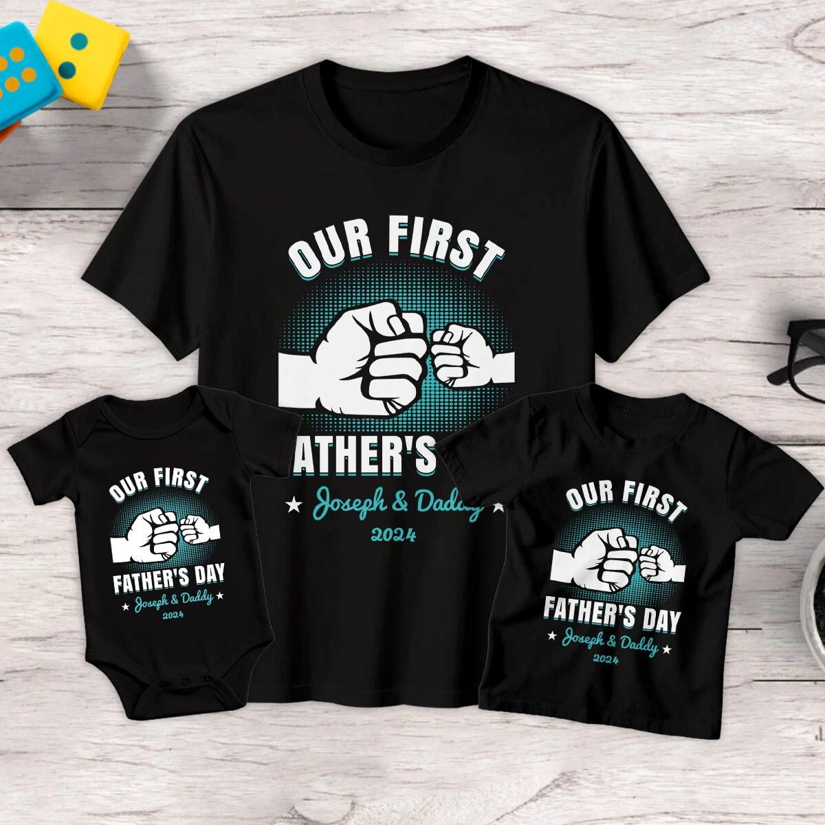 Personalised Mens Kids Our First Fathers Day T-Shirt Tee Baby Romper Best Dad#FD M