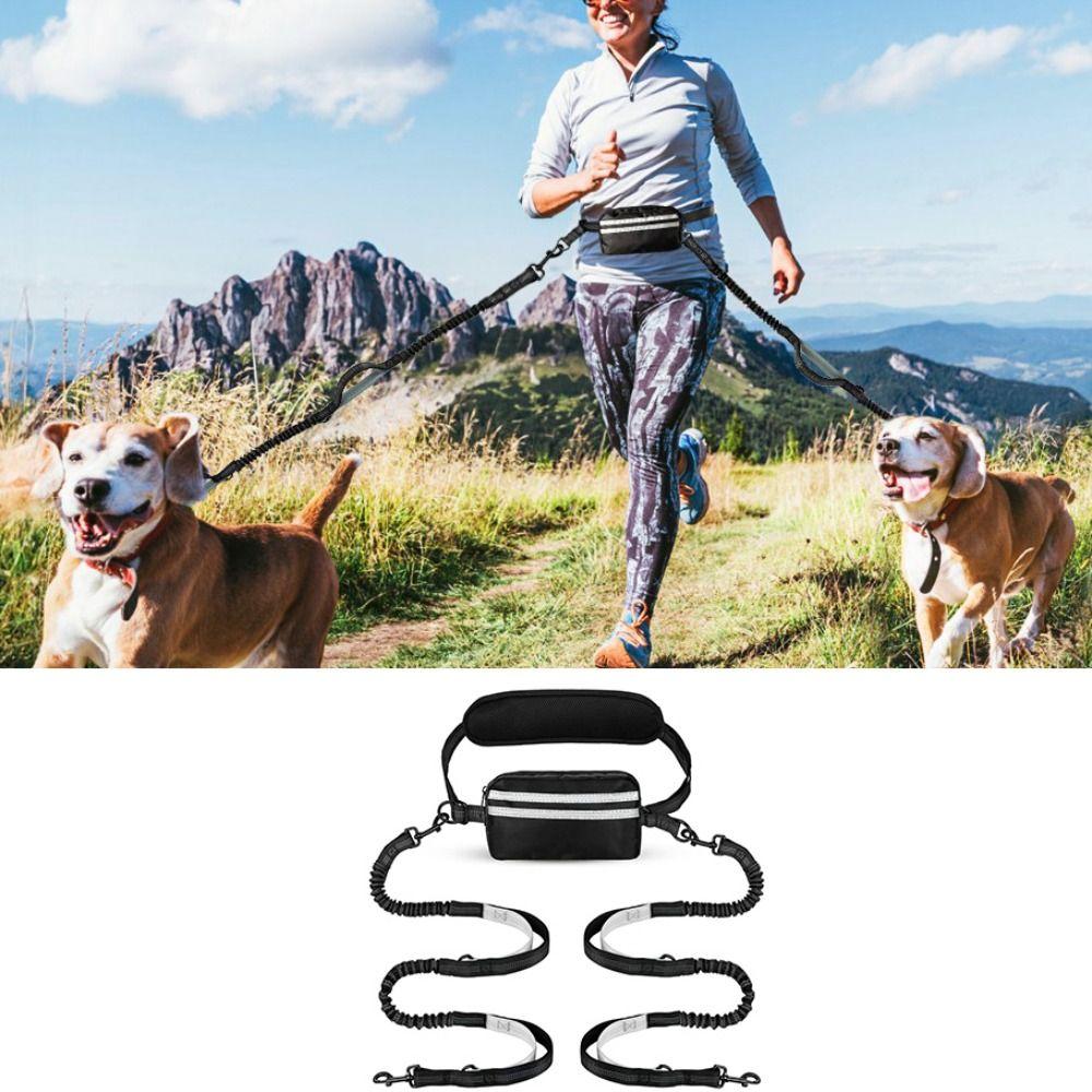 Reflective Strip Dog Running Waist Leash With Zipper Pouch Retractable Dong Walking Leash Double/Single Rope