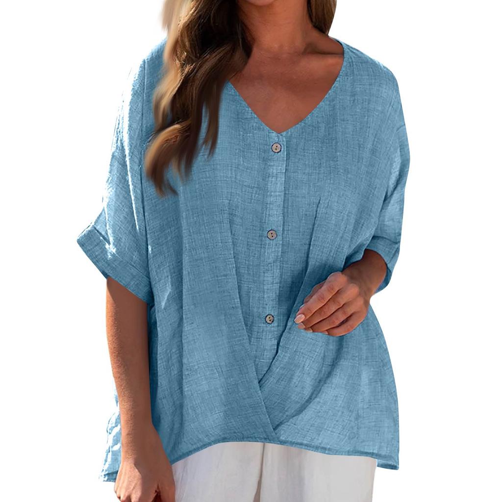 Women's V-Neck Pullover Button Down Short Sleeve Shirt Casual Top Lightweight Tops