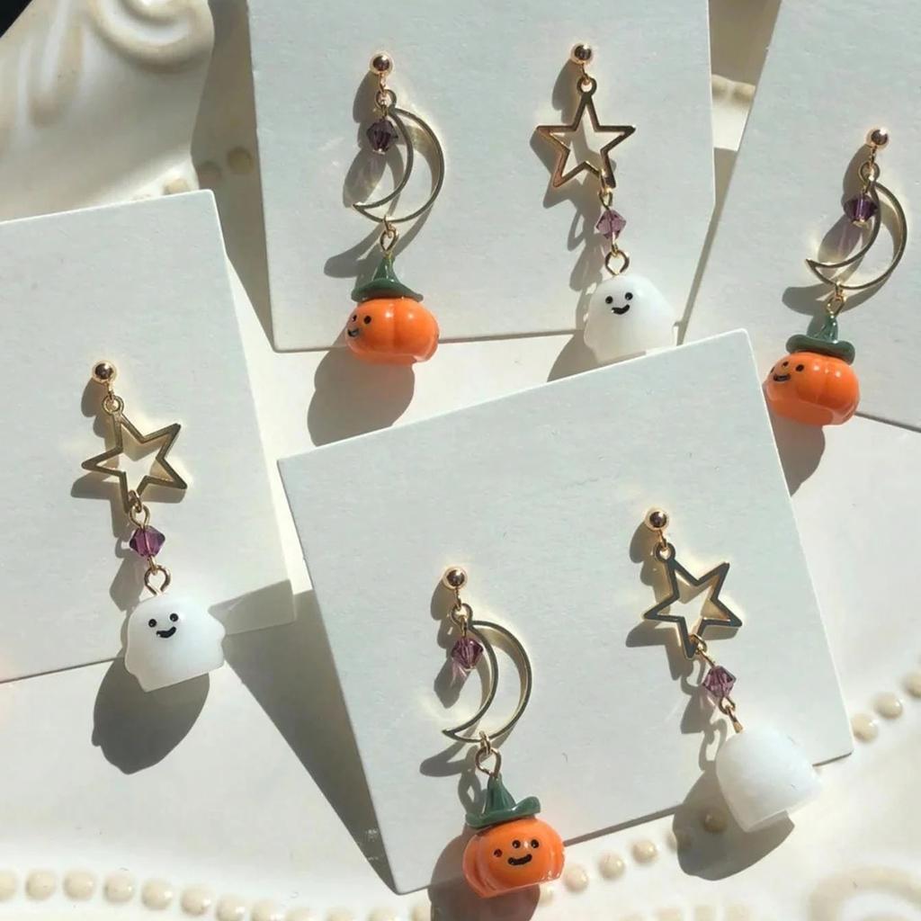 Cute Cartoon Ghost Pumpkin Dangle Earrings for Women Star Moon Asymmetrical Long Tassel Earrings Party Halloween Jewelry Gift