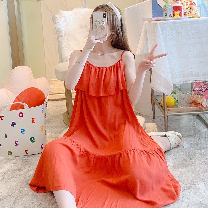 Women's Summer Anti-Bump Cotton Silk Camisole Nightgown, Knee-Length, Loose Plus Size, Anti-Exposure Homewear.