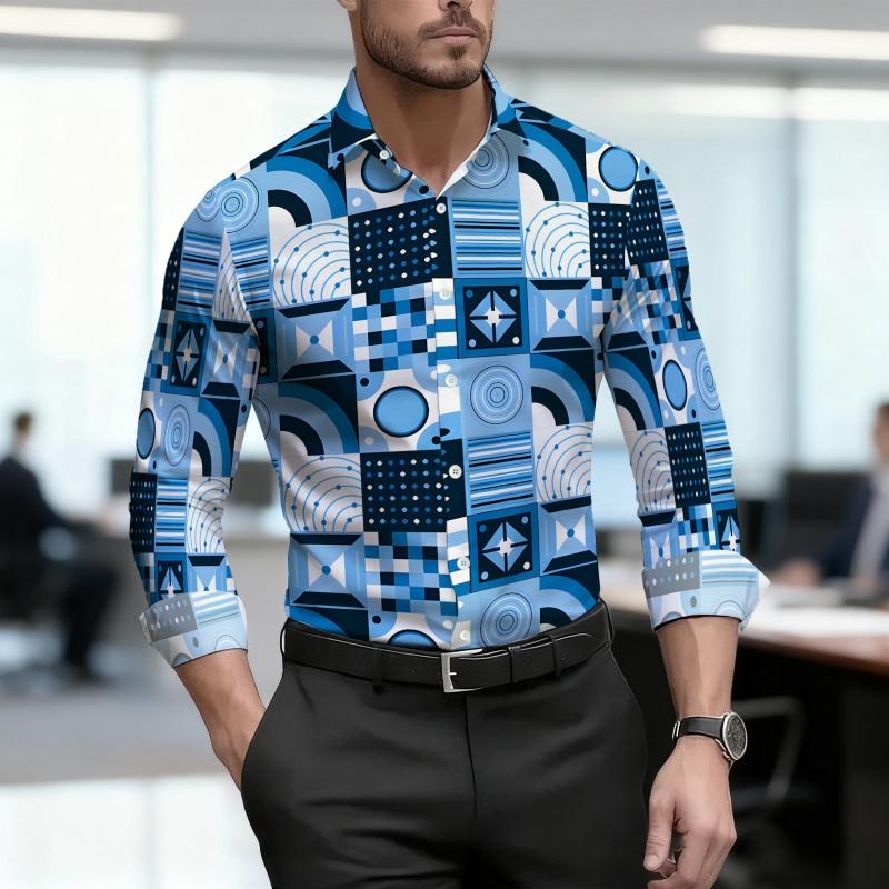 Men's Shirt with Geometric Block Print, Slim Fit, Business Commuting Long Sleeved Shirt, Spring and Autumn Trendy Casual Top