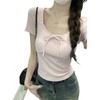 Spring/Summer Korean Style Slim-Fit Bow Tie Lace-Up Short-Sleeved T-Shirt for Women