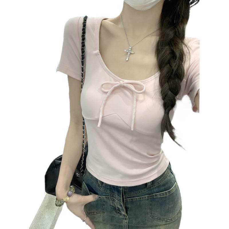 Spring/Summer Korean Style Slim-Fit Bow Tie Lace-Up Short-Sleeved T-Shirt for Women