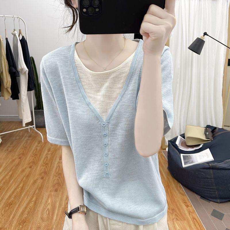 Summer ice silk V-neck fake two-piece short-sleeved knitted sweater for women, Korean loose pullover for women