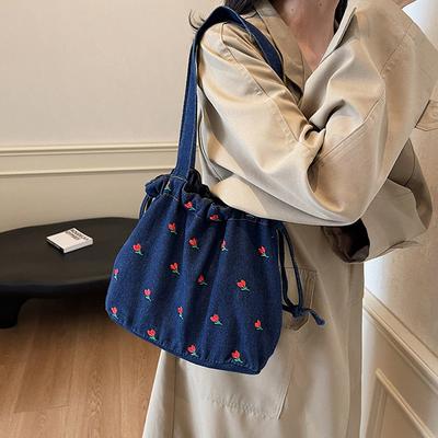 Lässige florale Bucket Bag Trendige Umhängetasche mit großer Kapazität Tragetasche Jeanshandtasche Damen Tragbare Einkaufstaschen