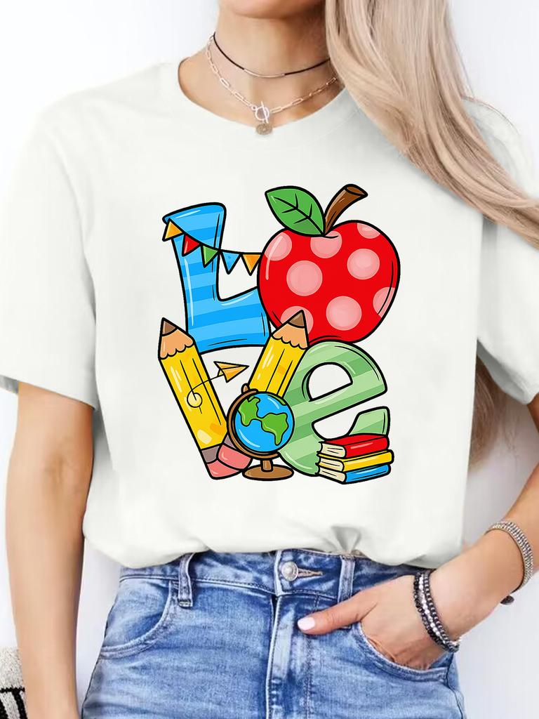 Women's Spanish Alphabet A-Z Chart Print Short Sleeve Round Neck Casual Learning Tee