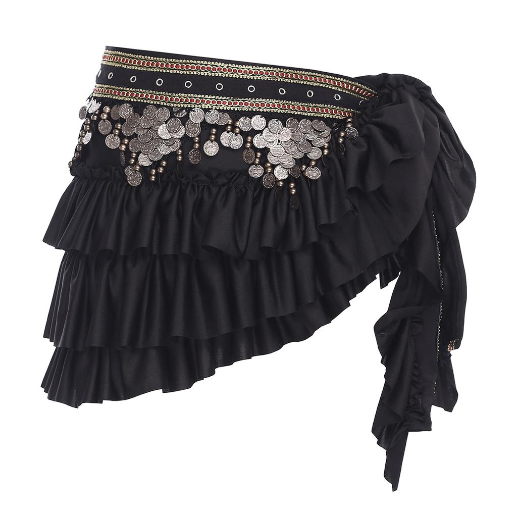 Falda de Cadera para Danza del Vientre para Mujer Cadena de Cintura Retro Lentejuelas en Niveles Volantes con Cordones Envoltura de Cadera para Danza de la India Rumba Danza Latina