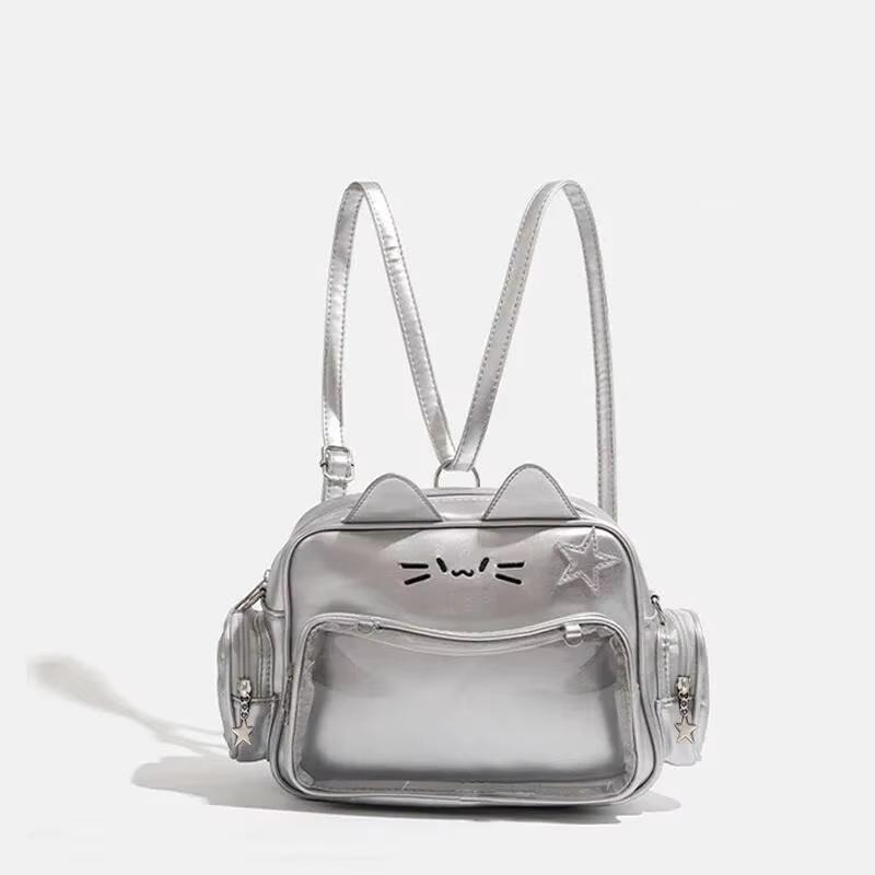 Cute Cat Ita Bag With Clear Display Window PU Leather Shoulder Crossbody Backpack For Girls Harajuku Style Free DIY Tie Board