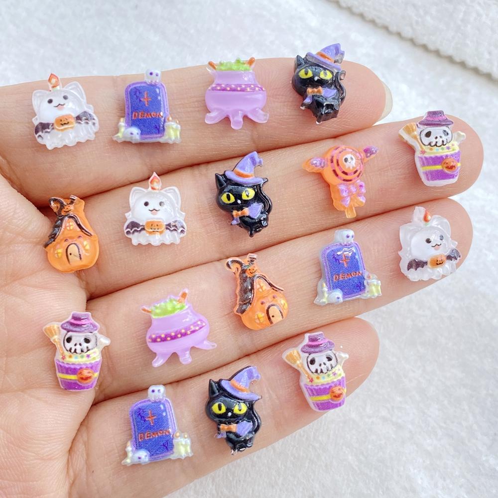 50Pcs Mini Cartoon Halloween Black Cat, Bat, Ghost, Skull Nail Art Resin Charms DIY Craft For Nail 3D Decorations Jewelry