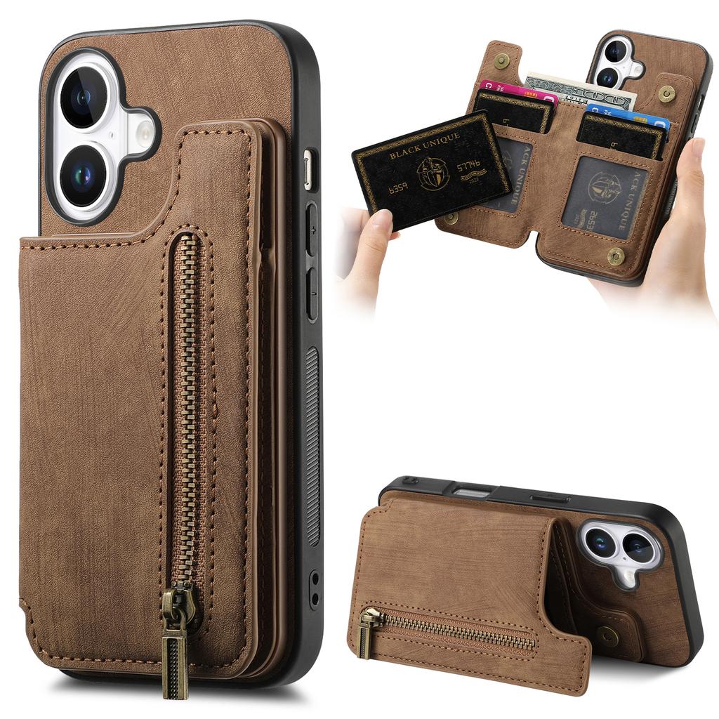 For iPhone 16 Pro Case with Card Holder Retro Leather+TPU Zipper Phone Cover
