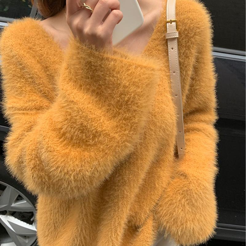 Fashion New Plush V-neck Pullover Sweaters for Women Autumn and Winter Loose Fit Mink Fur Casual Knitted Sweater Women Soft Warm Vintage Jumper 25778