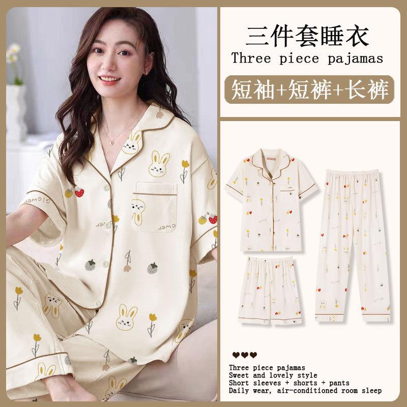 Mikko summer three-piece pajamas women's pure cotton short-sleeved trousers ins Japanese summer spring and autumn loungewear set