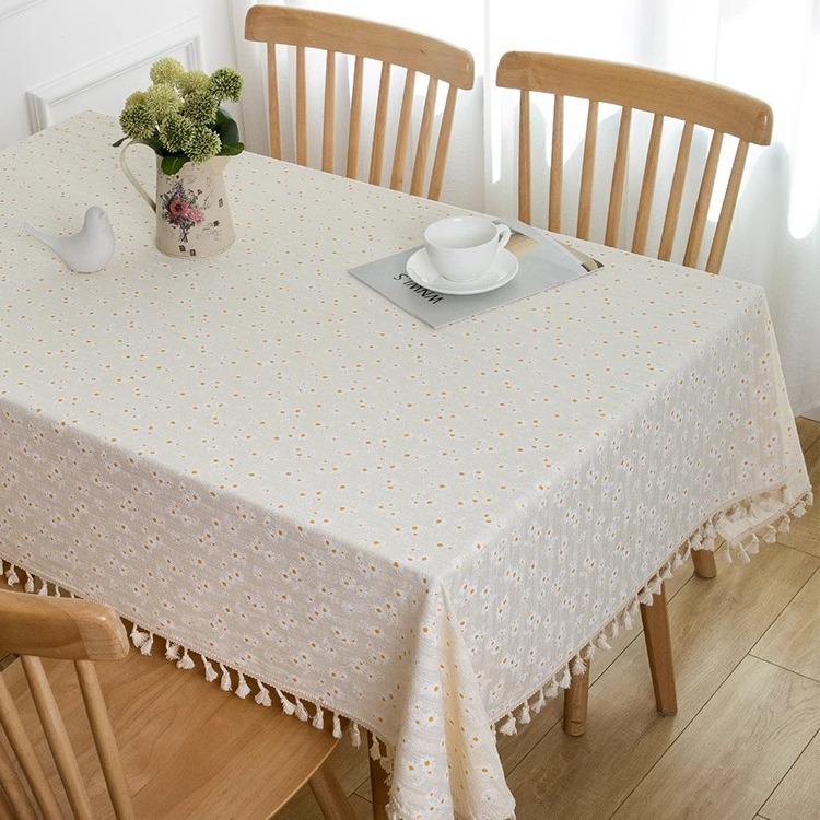 Pastoral Beige Daisy Cotton Linen Tablecloth - Japanese Style Floral Design