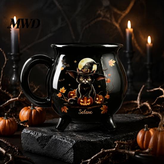 Decorazione Casa Magica Stregoneria Tazza Caldaia Strega di Halloween, 350ml Pentola Magica Vintage Gotica a 3 Gambe, Barattolo Contenitore da Scrivania per Ufficio Gatto Nero Ceramica