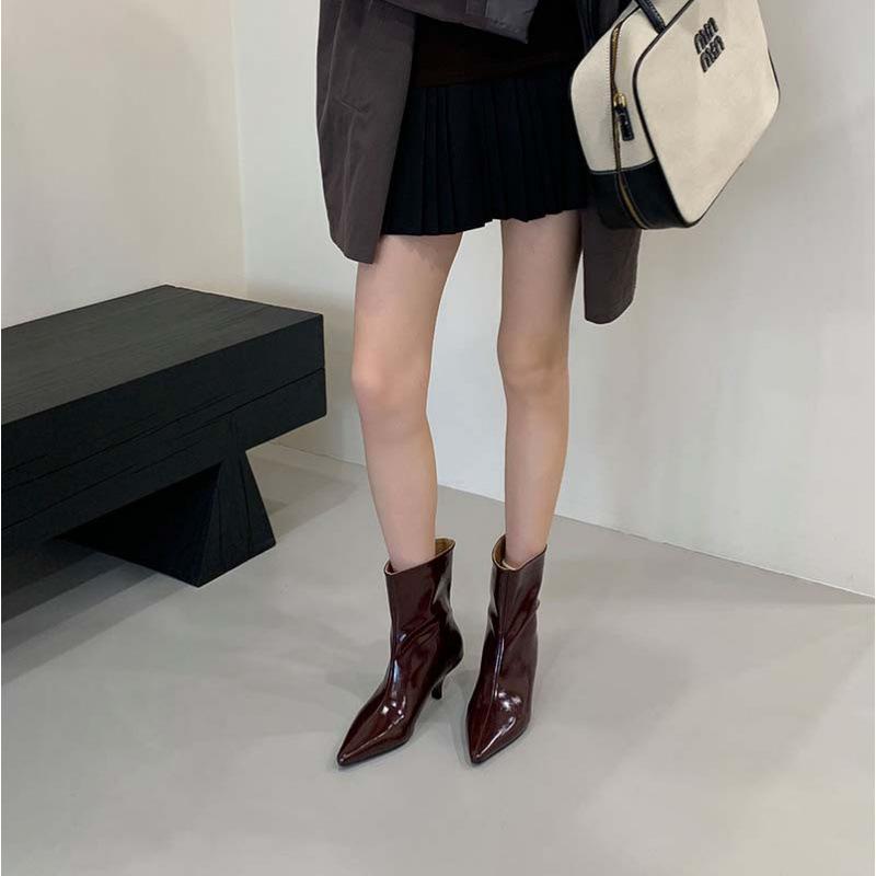 2025 autumn and winter new thin heel middle heel fashion pointed short boots wide boots solid color versatile boots