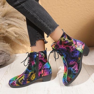 Fashion Autumn New Thick Heel Single Boot Fashion Round Head Front Lace-up Printed Women's Boots Classics Soft Sole Non-slip Ankle Boots