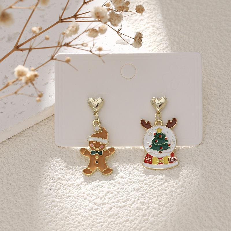 European & American Cartoon Rhinestone Christmas Earrings – High-End Asymmetrical Festive Jewelry for Women