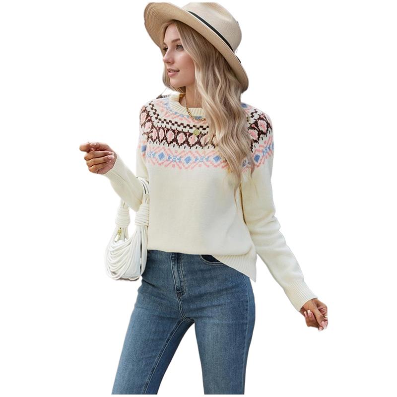 Höst Vinter Vintage Dam Stickad Tröja Patchwork Slim Dam Pullover