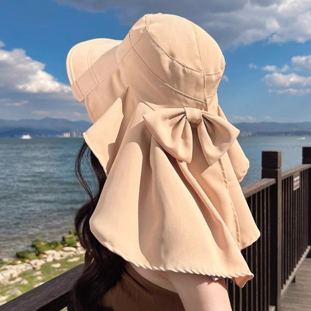 with Shawl Sunshade Bucket Hat Big Bowknot Aiti UV Fishman Hat New Design Bow Sun Hat  Beach