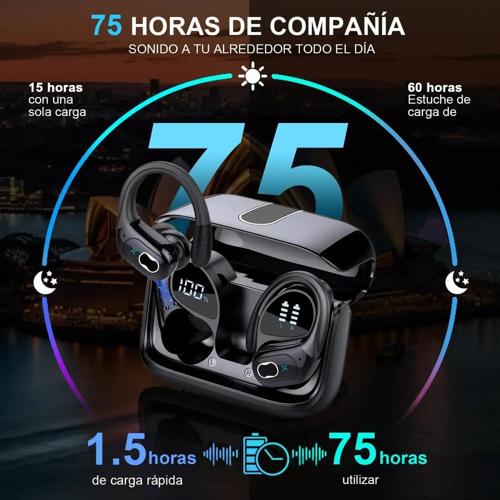 Wireless Earbuds Sport Bluetooth 5.4 Headphones ENC Noise Cancelling Mic 75H HiFi Stereo Over Ear Bud LED Display for /Gym