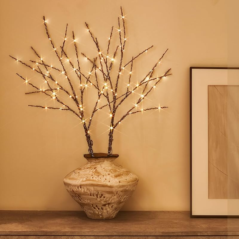 Fudios Magnolia Branches Lights with Timer 32IN 60 LED Battery Operated or USB Plug in Artificial Greenery Magnolia Stems for Spring Decor