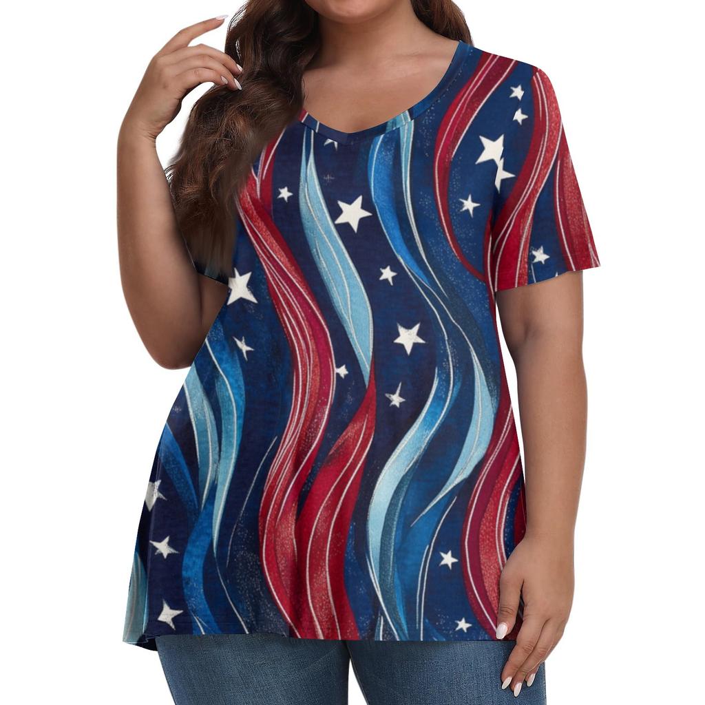 Women's Fashion Casual V-Neck Pullover Short Sleeve Large Size Independence Day Printed T-Shirt Top