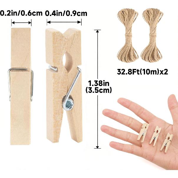 jijAcraft Mini Clothesp with String - 100Pcs Small Wooden Clothes P, Natural Brown Photo Hanging Clips, Craft Clips for Picture, Cocktails Decor,