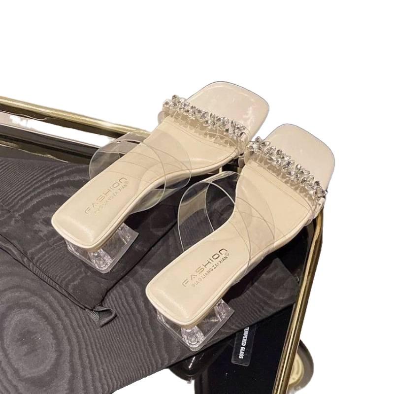 2025 summer new crystal thick heel rhinestone temperament fairy style skirt transparent explosion outside wearing slippers mother drag