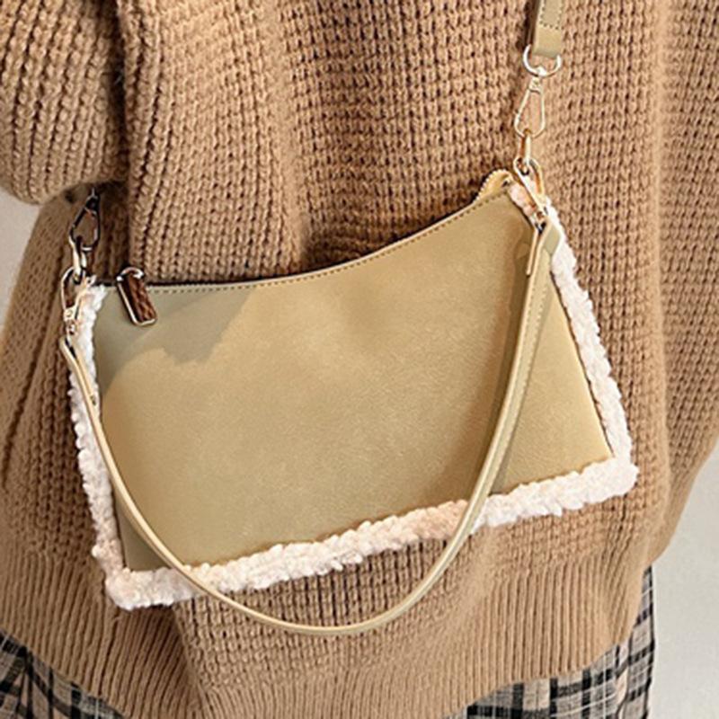Retro Matte Shoulder Bag Women's Autumn New Lamb Wool Splicing Underarm Bag Commuter Messenger Bag Women's Bag