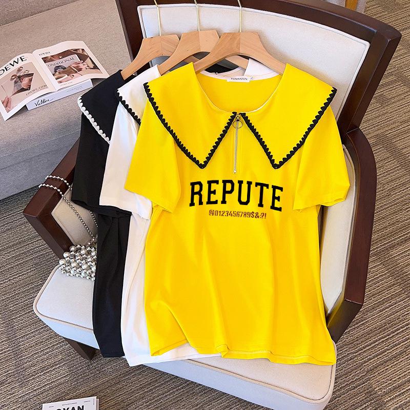 

Plus Size Mid-Length Loose Lapel Short Sleeve T-Shirt for Women 5XL чёрный