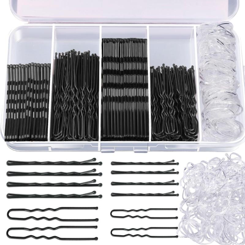

300 Pieces Metal Hair Clip Set For Women Including U Pins Pins and Clear Hair Bands In Elegant Organizer Box